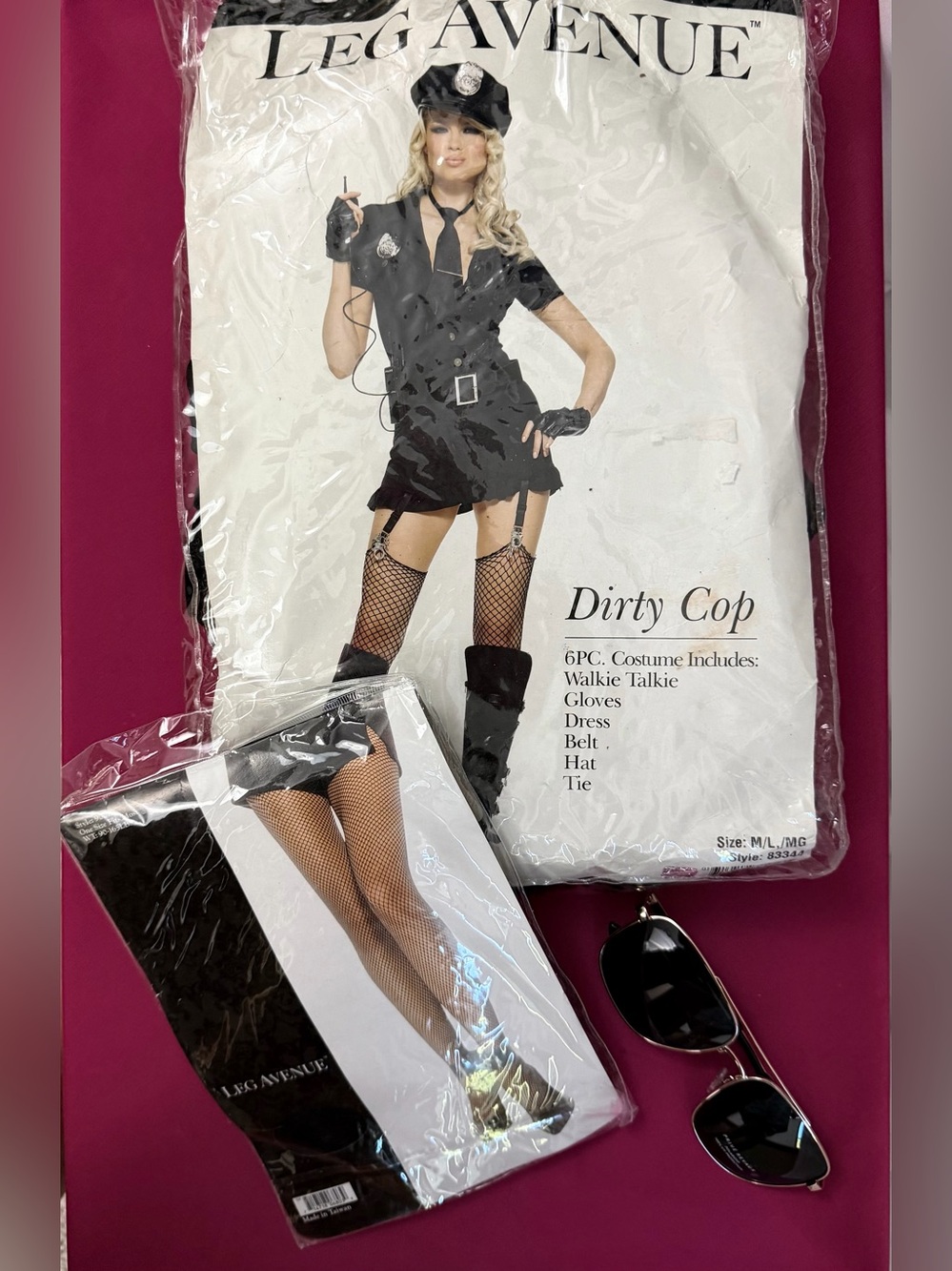 Dirty Cop Womens Black Costume Dress w/Accessories & FishNet Hose & Glasses M/L